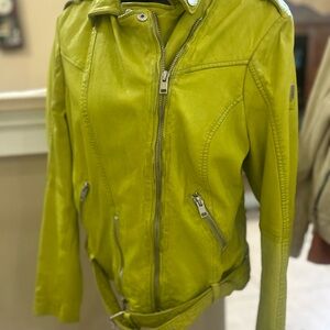 Used- Vibrant Green Leather Jacket for Women- has distressed look.